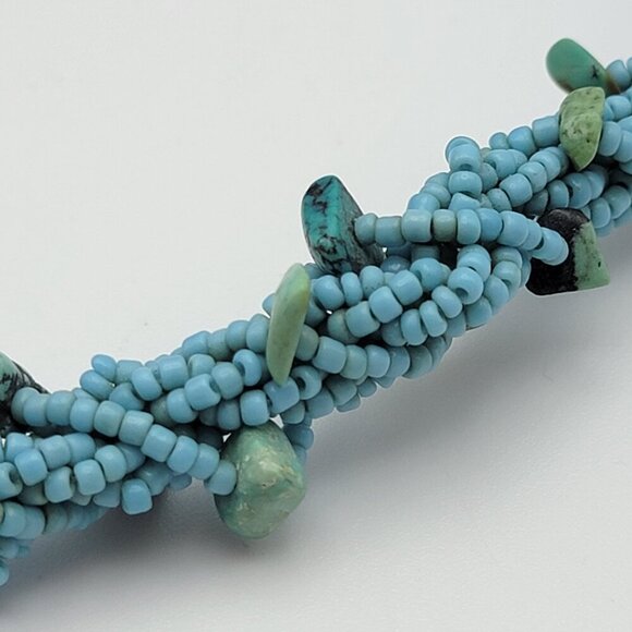Artisan Blue Seed Bead And Turquoise Chip Twist Braided Choker Necklace 18 Inch - Picture 4 of 7